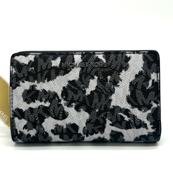 Michael Kors Medium Empire Leopard Logo Snap ZA Wallet Black Multi - Picture 2 of 10